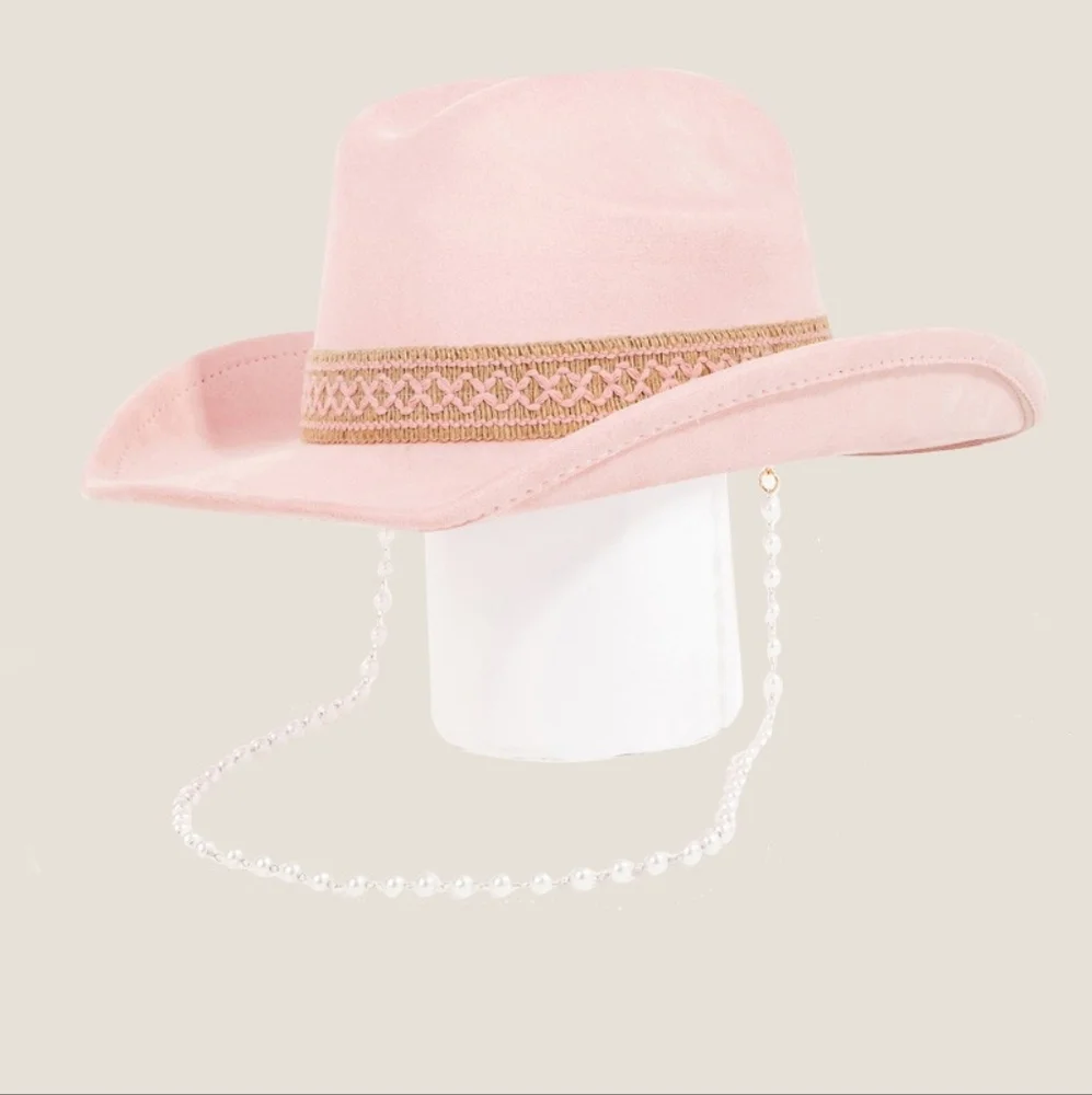 Pink Ornate Band Cowboy Hat with Pearl Chain